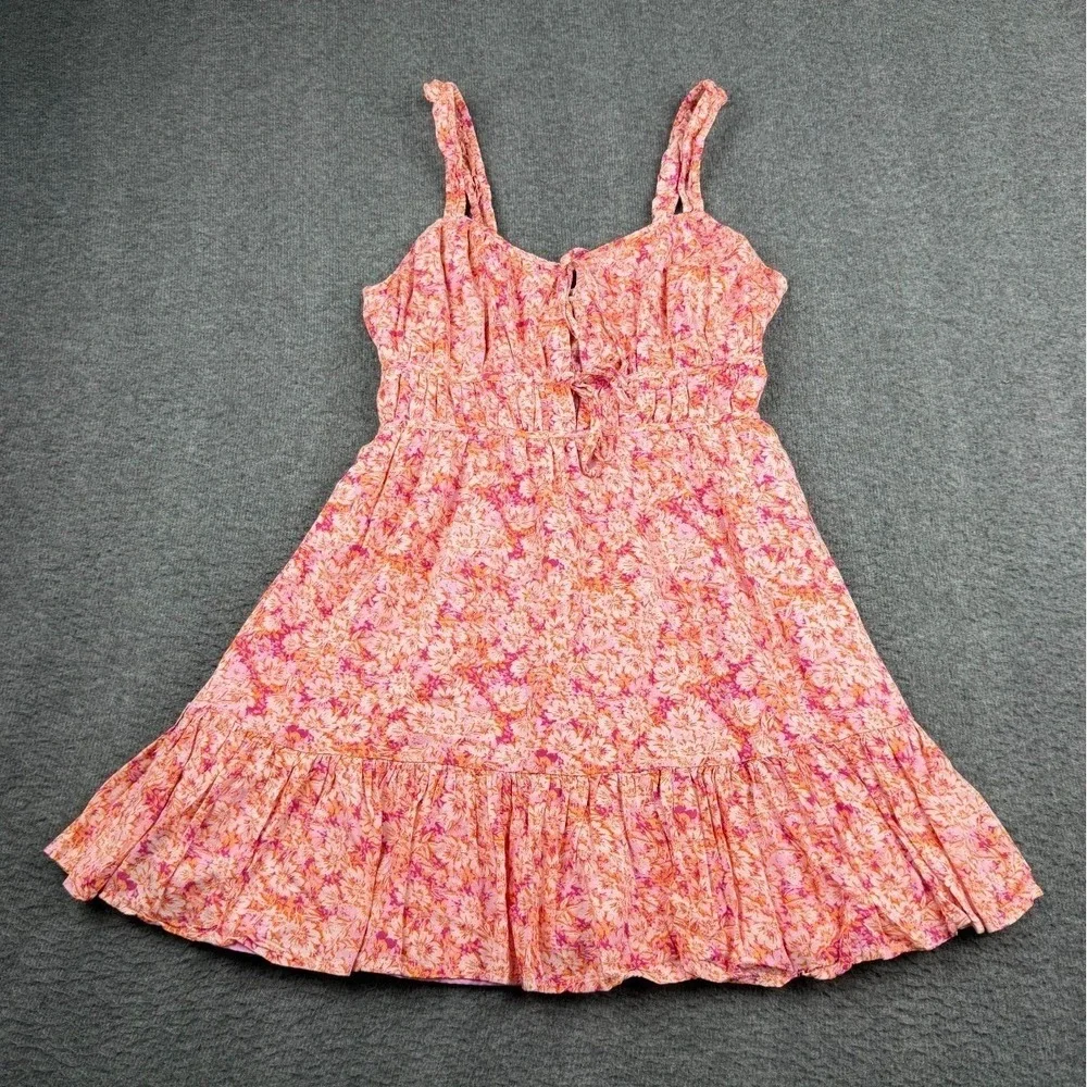 American Eagle Small Silky Tie-Front Mini Dress Pink Orange Floral Summer - Picture 1 of 8
